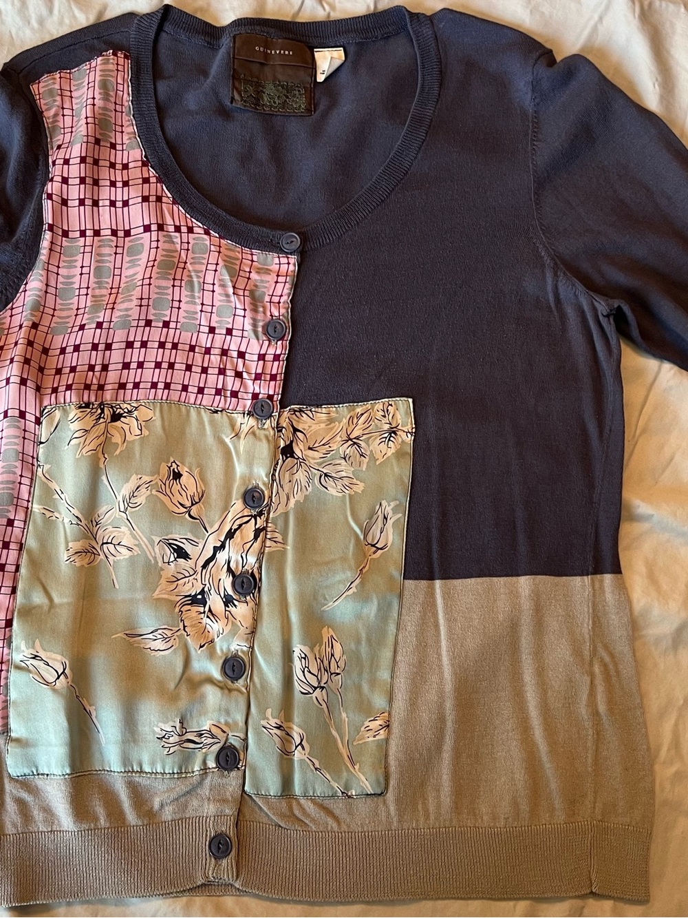 Guinevere Colorblock & Patchwork Button Cardigan - Navy, Pink & Sage